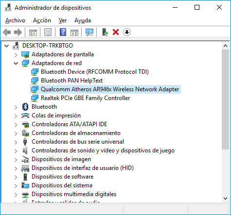 El adaptador de red wi-fi en el Administrador de dispositivos de Windows