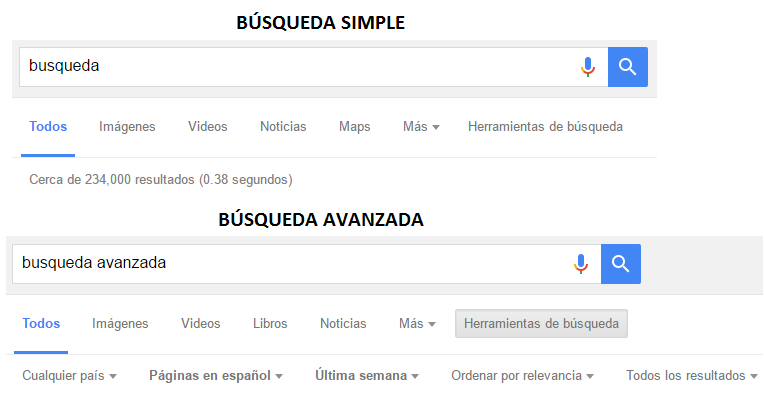 En la imagen se puede apreciar un ejemplo del buscador Google empleando la búsqueda simple y luego la búsqueda avanzada.