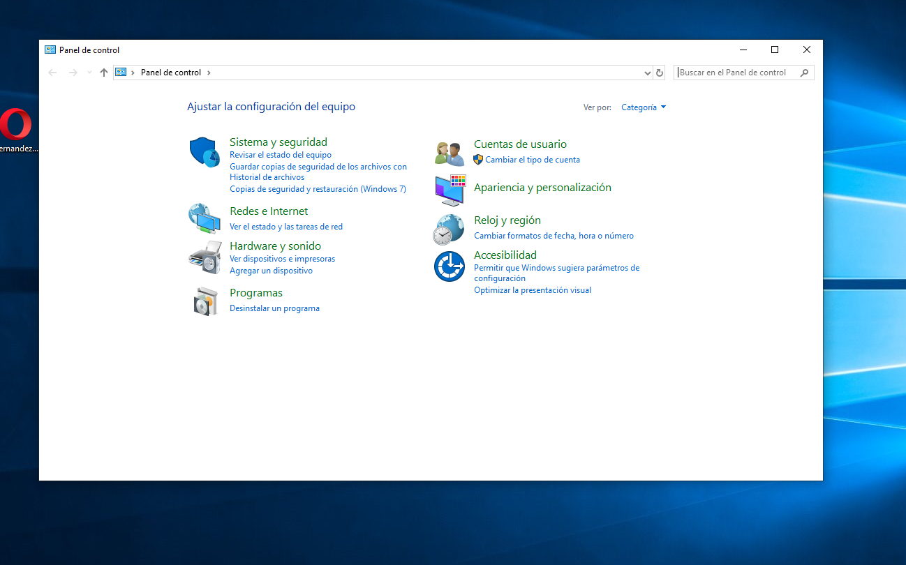 Captura de pantalla de la ventana del Panel de Control en Windows 10.