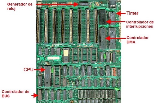 Chips que componen una placa madre antigua