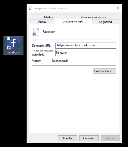 Acceso directo a Facebook en el Escritorio de Windows.
