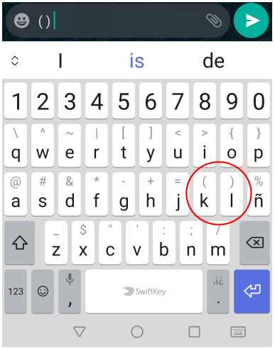 Los paréntesis en un típico teclado en pantalla en un teléfono móvil Android.