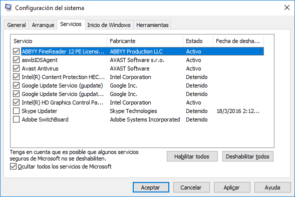 Deshabilitar servicios en Windows