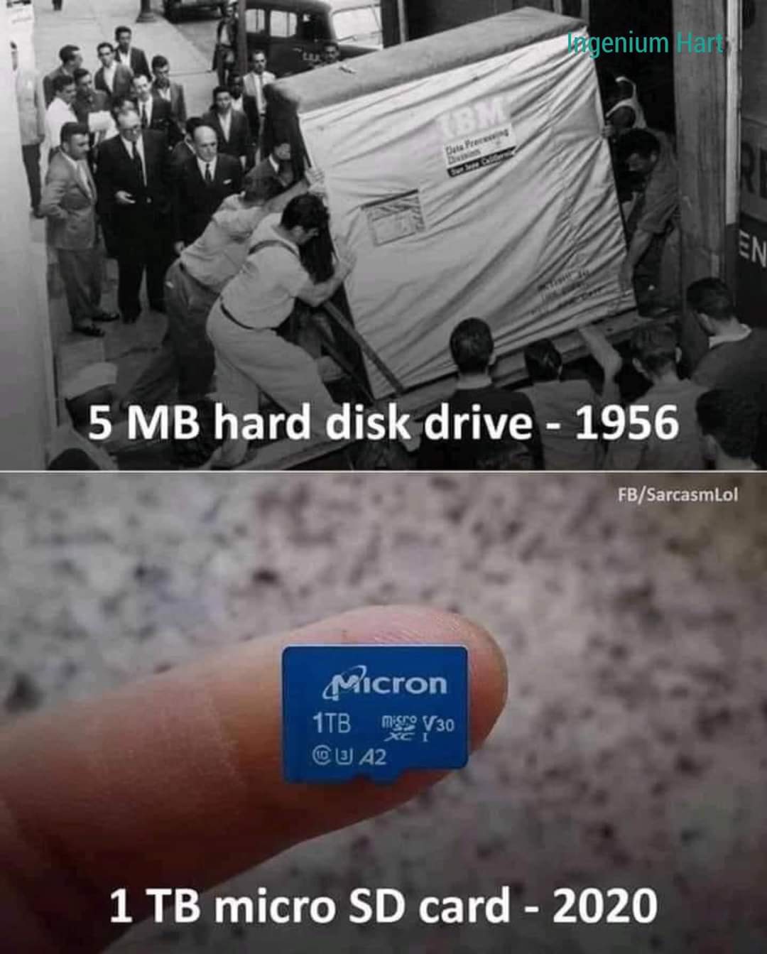 Disco duro de 5 MB en el año 1956 (arriba) - 1 terabyte de almacenamiento en una memoria SD en el año 2020 (abajo)