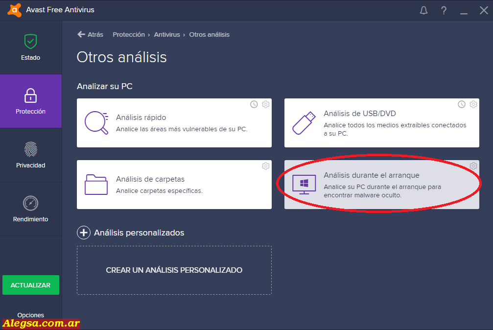 El antivirus Avast! permite ejecutar un anlisis al arrancar la computadora, permitiendo as limpiar ms fcilmente ms virus.