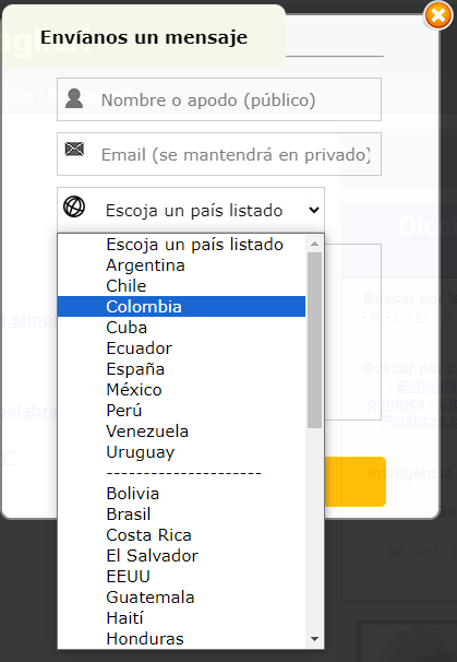Una típica caja de selección desplegada para seleccionar una sola opción de entre todas. En este caso, seleccionar un país en un formulario web.