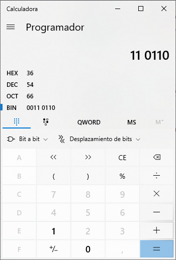 Calculador de Windows 10 con el número binario 0110110