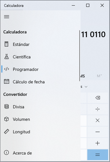 Calculador de Windows 10 en modo Programador.