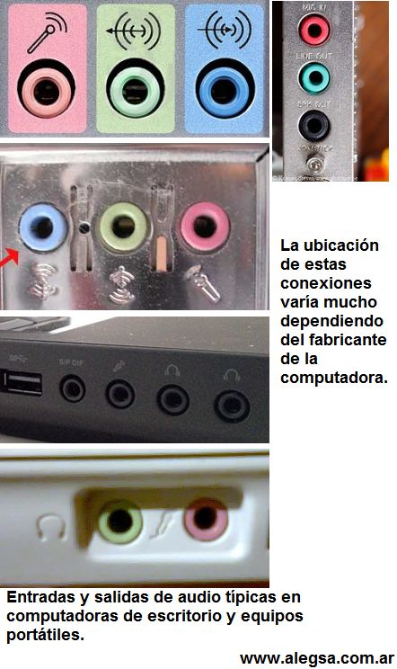 Típicas conexiones minijack de audio en una computadora PC o notebook