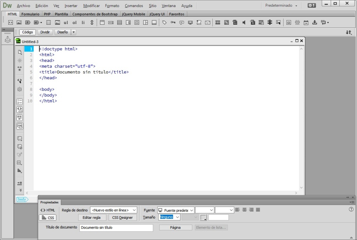 Una captura de pantalla del editor web Dreamweaver, uno de los más populares
