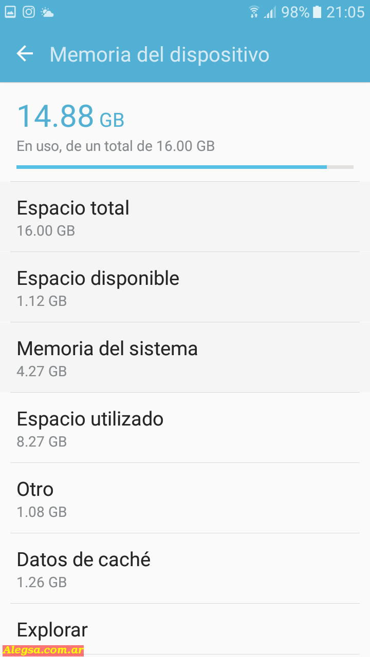 Almacenamiento disponible y ocupado en el dispositivo Android