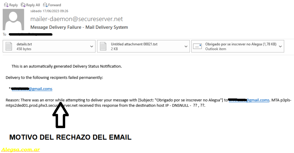Un ejemplo de un típico email de rechazo postmaster donde se indica el motivo, en inglés, del rechazo del email