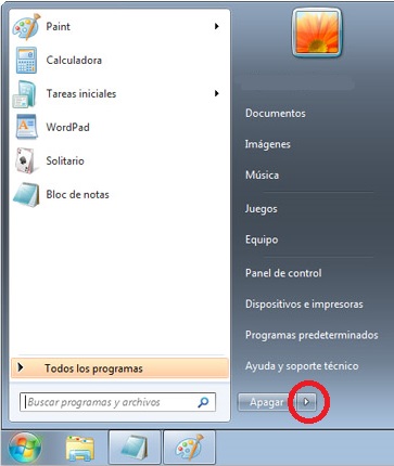 Men Inicio en Windows 7, para cerrar sesin