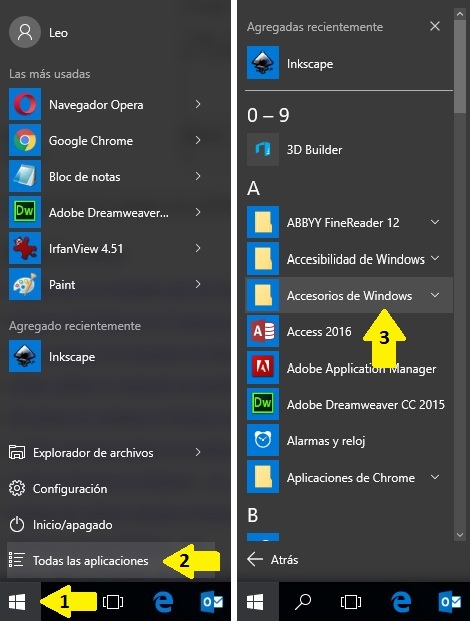 Menú de Inicio de Windows para acceder a Accesorios de Windows