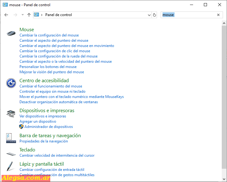 Usando el buscador del Panel de Control es posible encontrar todas las configuraciones relacionadas al ratón.