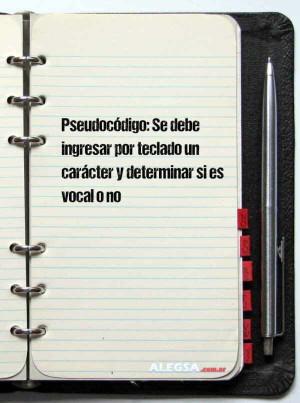 Pseudocódigo: Se debe ingresar por teclado un carácter y determinar si es vocal o no